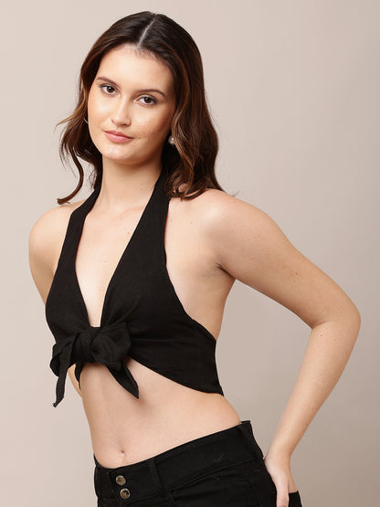 Cotton V- neck Sleeveless front knot Black Halter Crop Top