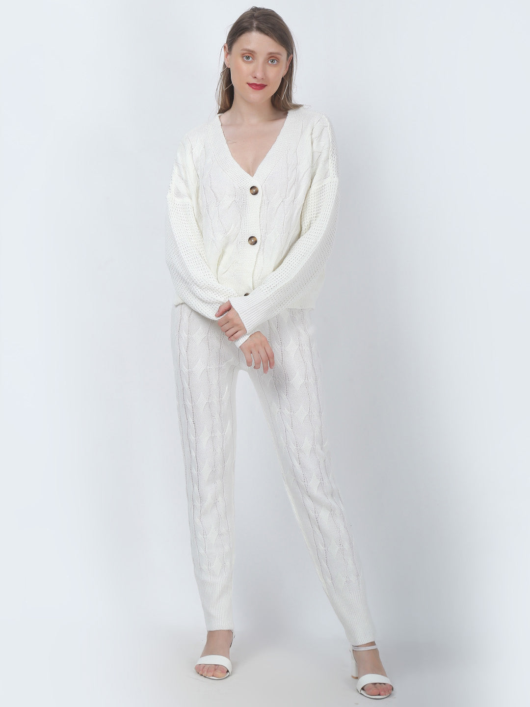 Acrylic Cable Knit Button Jacket with Jogger White Co-Ord (Set Of 2)