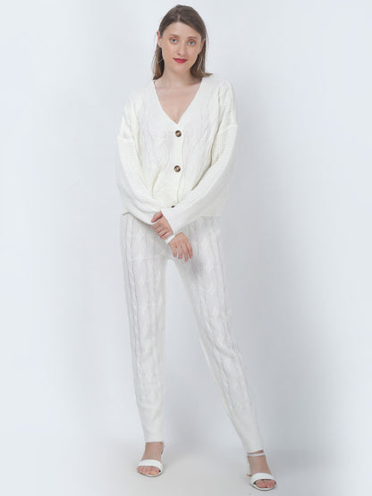 Acrylic Cable Knit Button Jacket with Jogger White Co-Ord (Set Of 2)