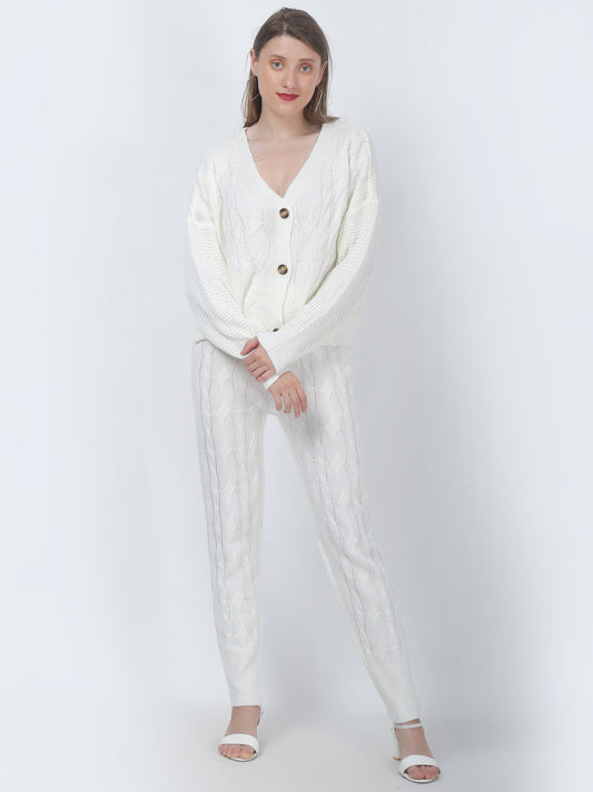 Acrylic Cable Knit Button Jacket with Jogger White Co-Ord (Set Of 2)