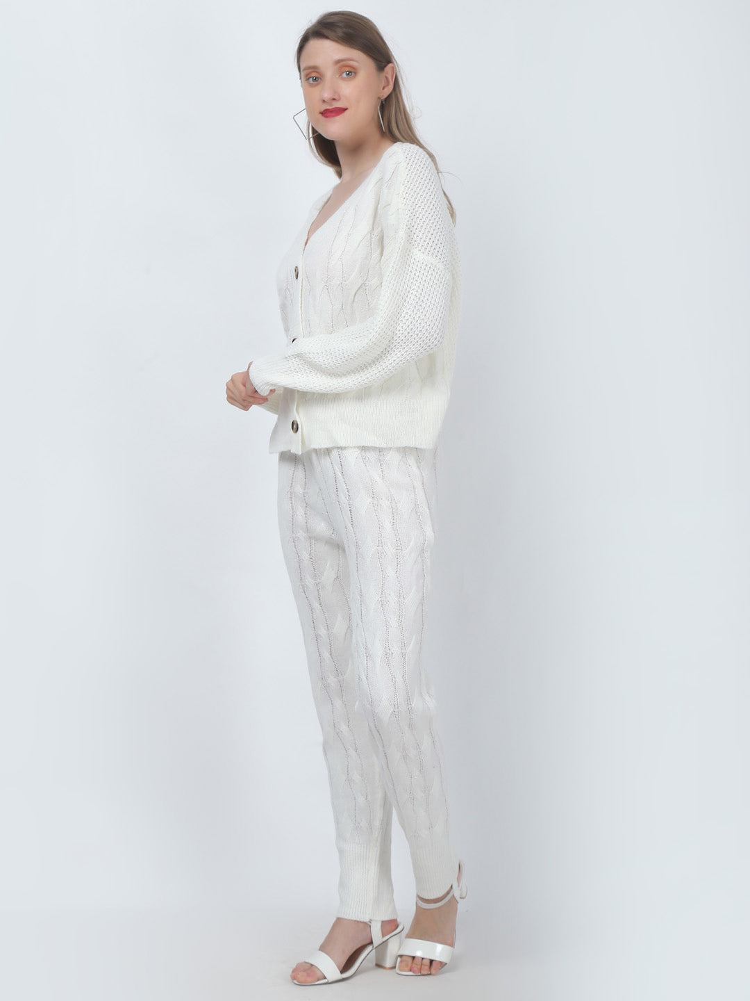 Acrylic Cable Knit Button Jacket with Jogger White Co-Ord (Set Of 2)