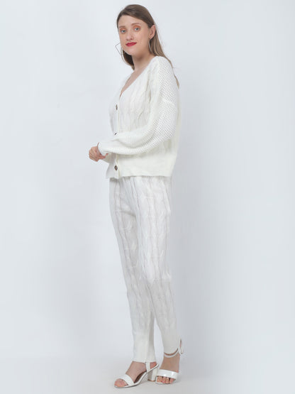 Acrylic Cable Knit Button Jacket with Jogger White Co-Ord (Set Of 2)