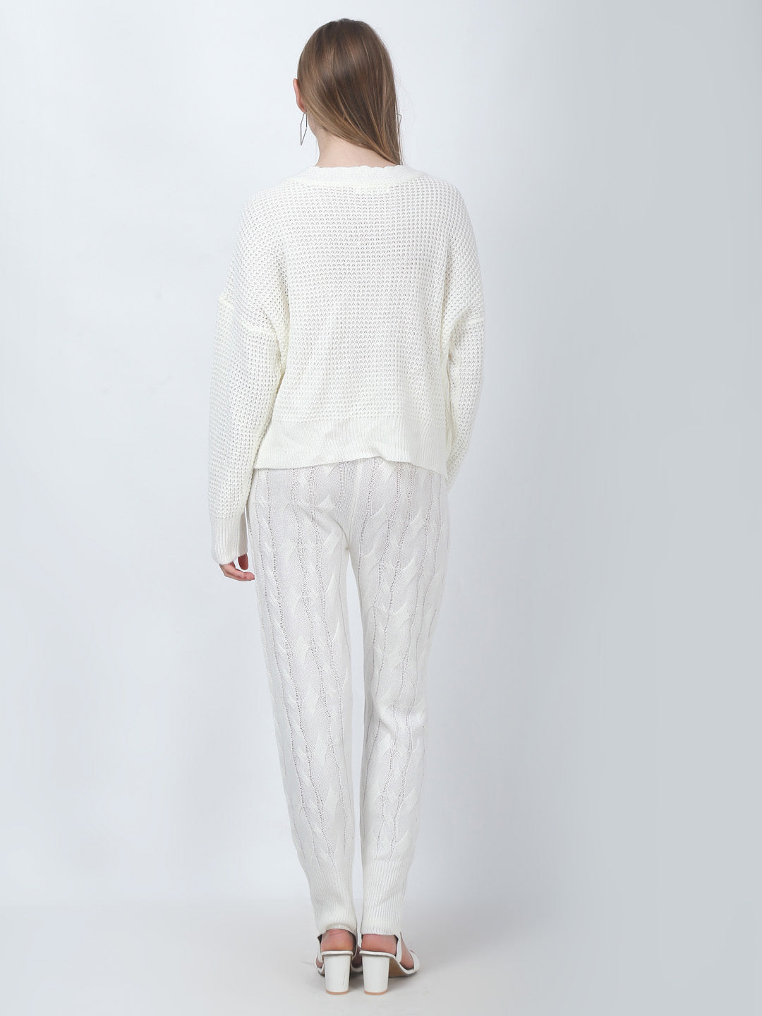 Acrylic Cable Knit Button Jacket with Jogger White Co-Ord (Set Of 2)