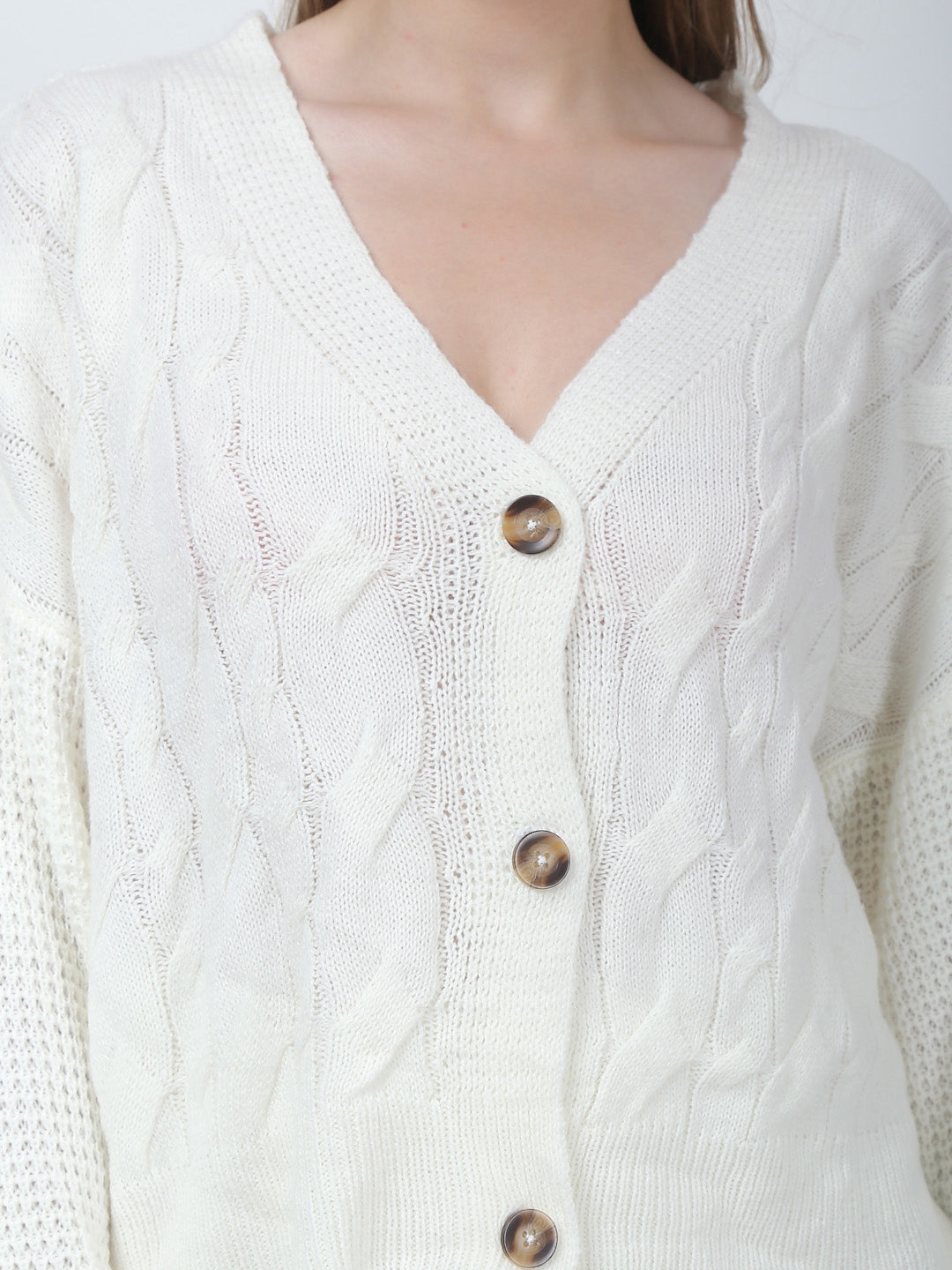 Acrylic Cable Knit Button Jacket with Jogger White Co-Ord (Set Of 2)