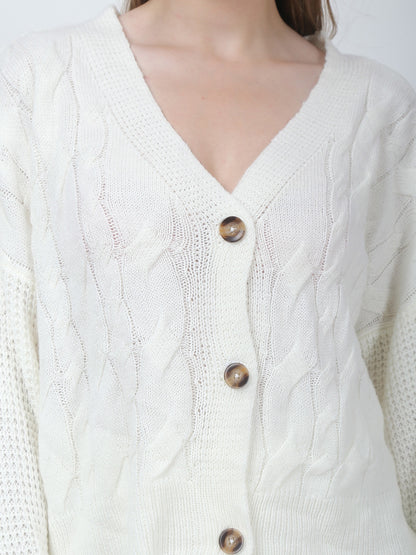 Acrylic Cable Knit Button Jacket with Jogger White Co-Ord (Set Of 2)