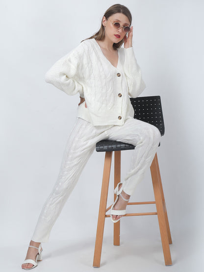 Acrylic Cable Knit Button Jacket with Jogger White Co-Ord (Set Of 2)