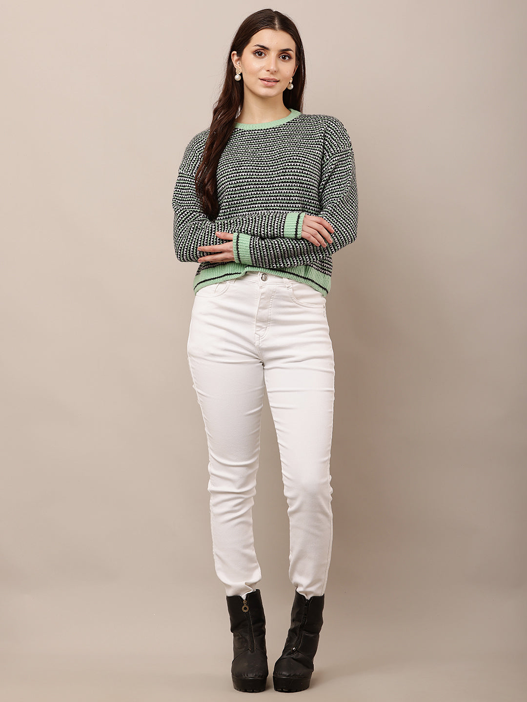 Acrylic Full Sleeve with Round Neck waist loose Green Sweater