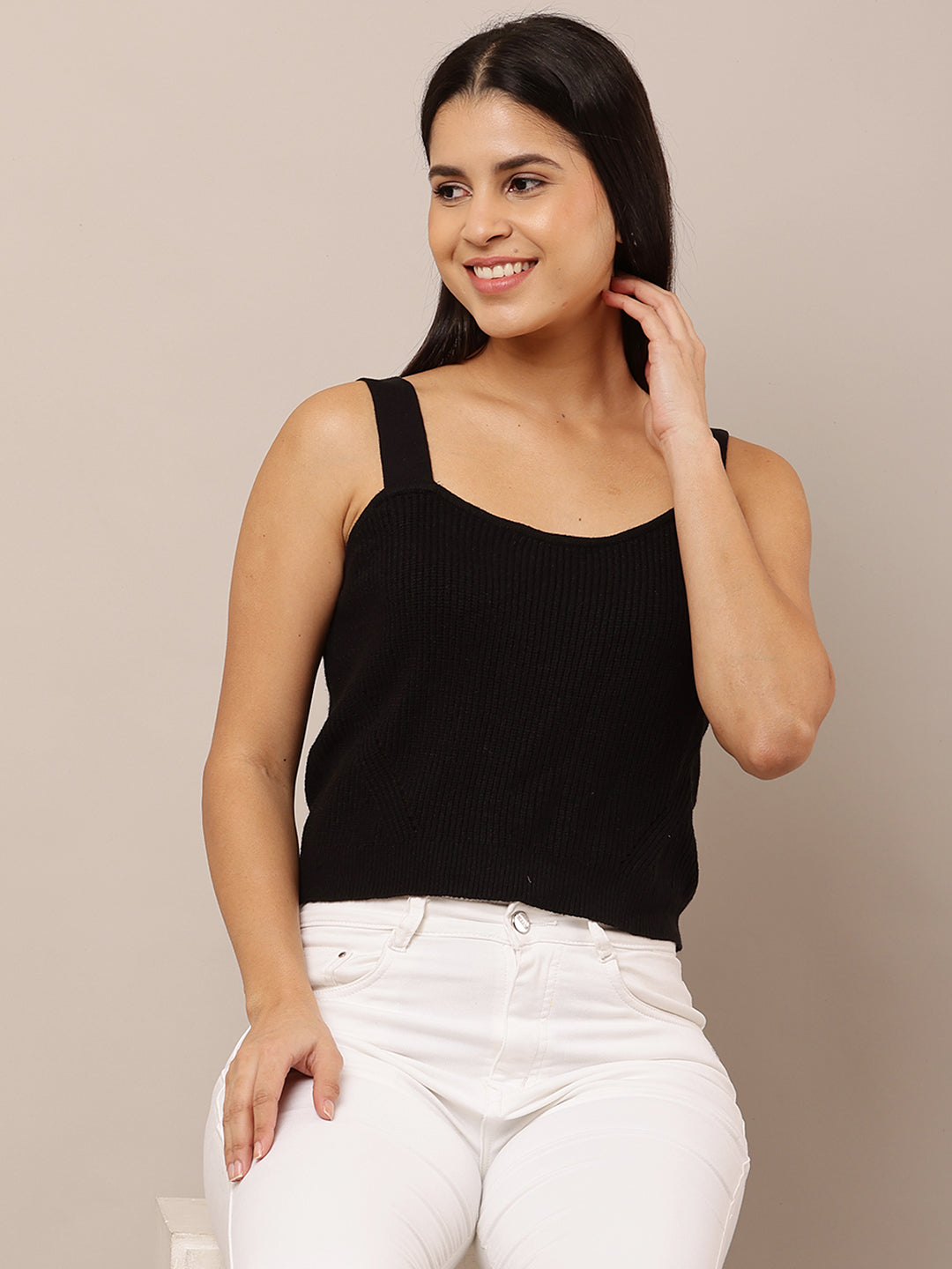 Viscose Sleeveless with Square Neck Ribbed Red Slim Fit Tank Top