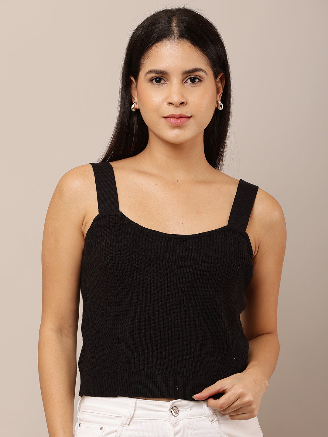 Viscose Sleeveless with Square Neck Ribbed Red Slim Fit Tank Top