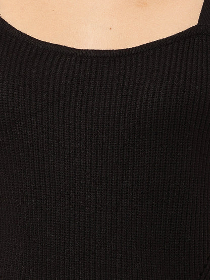 Viscose Sleeveless with Square Neck Ribbed Red Slim Fit Tank Top