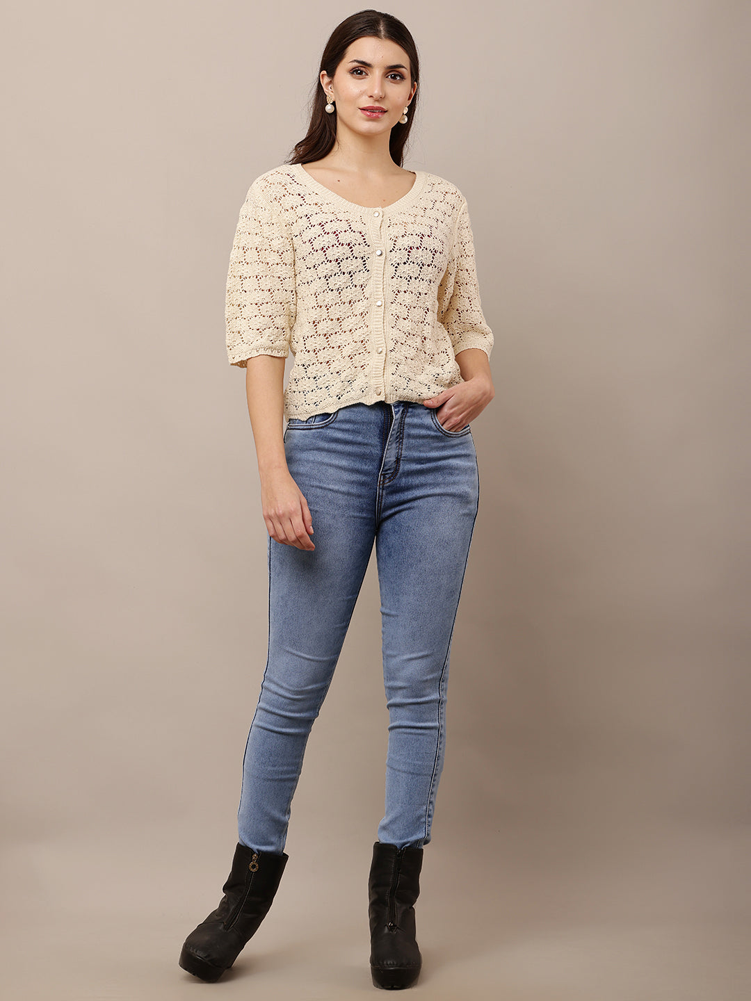 Polyester Short Sleeve with Round Neck Front Button Closures Cream Crochet Top