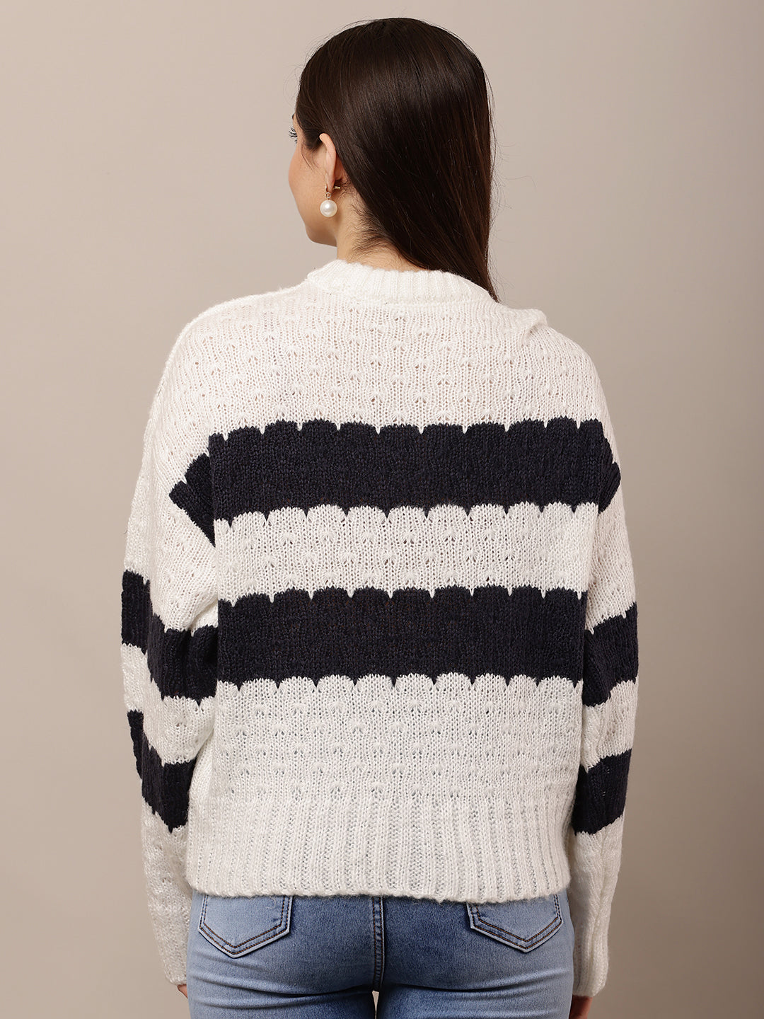 Acrylic Full Sleeve with Round Neck White and Black Striped Sweater