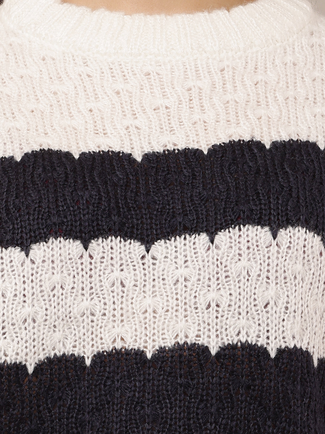 Acrylic Full Sleeve with Round Neck White and Black Striped Sweater