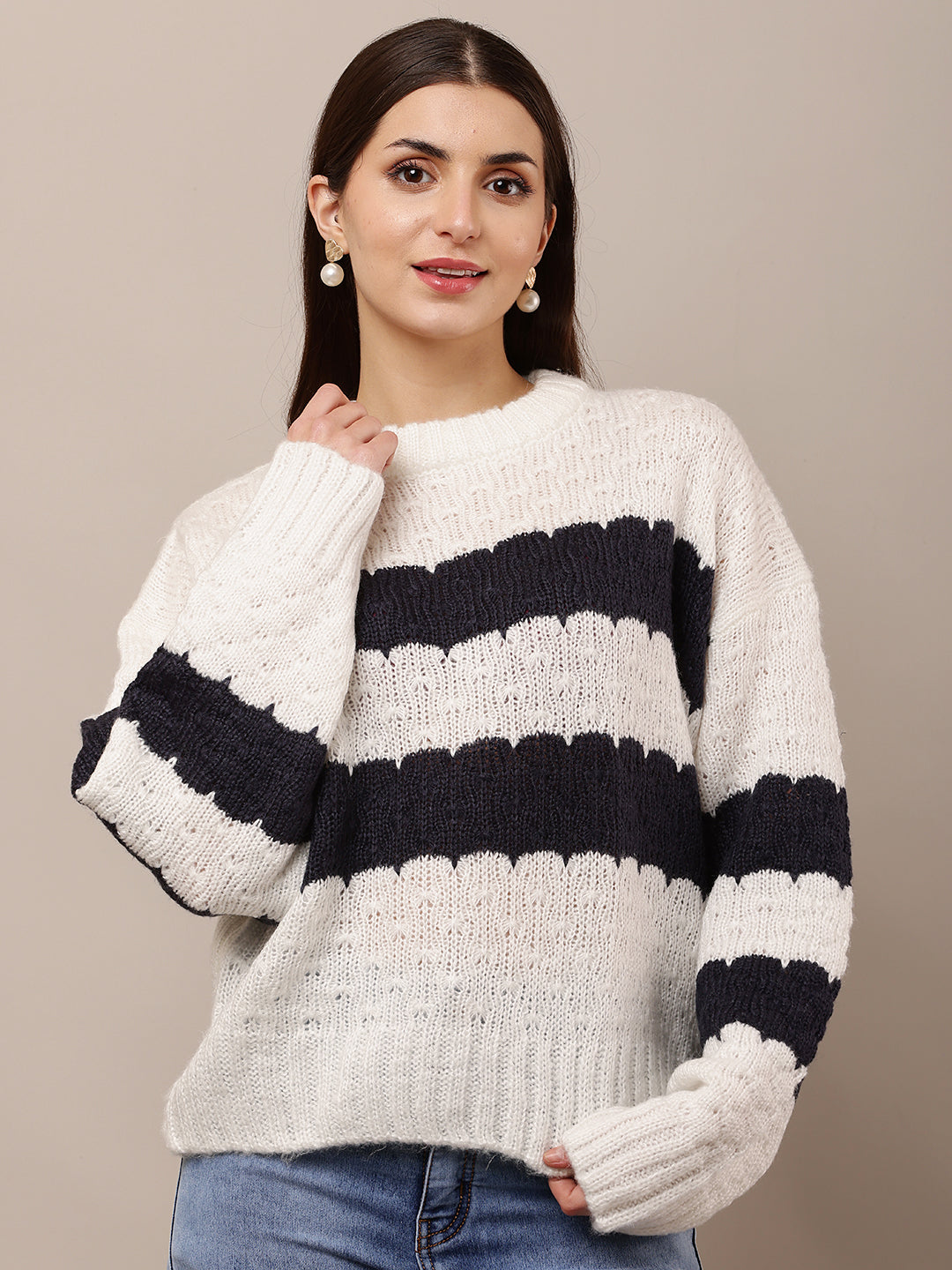Acrylic Full Sleeve with Round Neck White and Black Striped Sweater