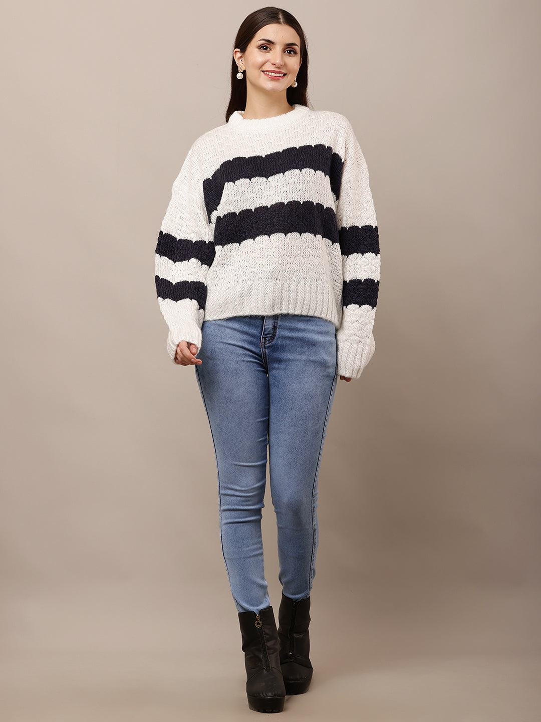 Acrylic Full Sleeve with Round Neck White and Black Striped Sweater