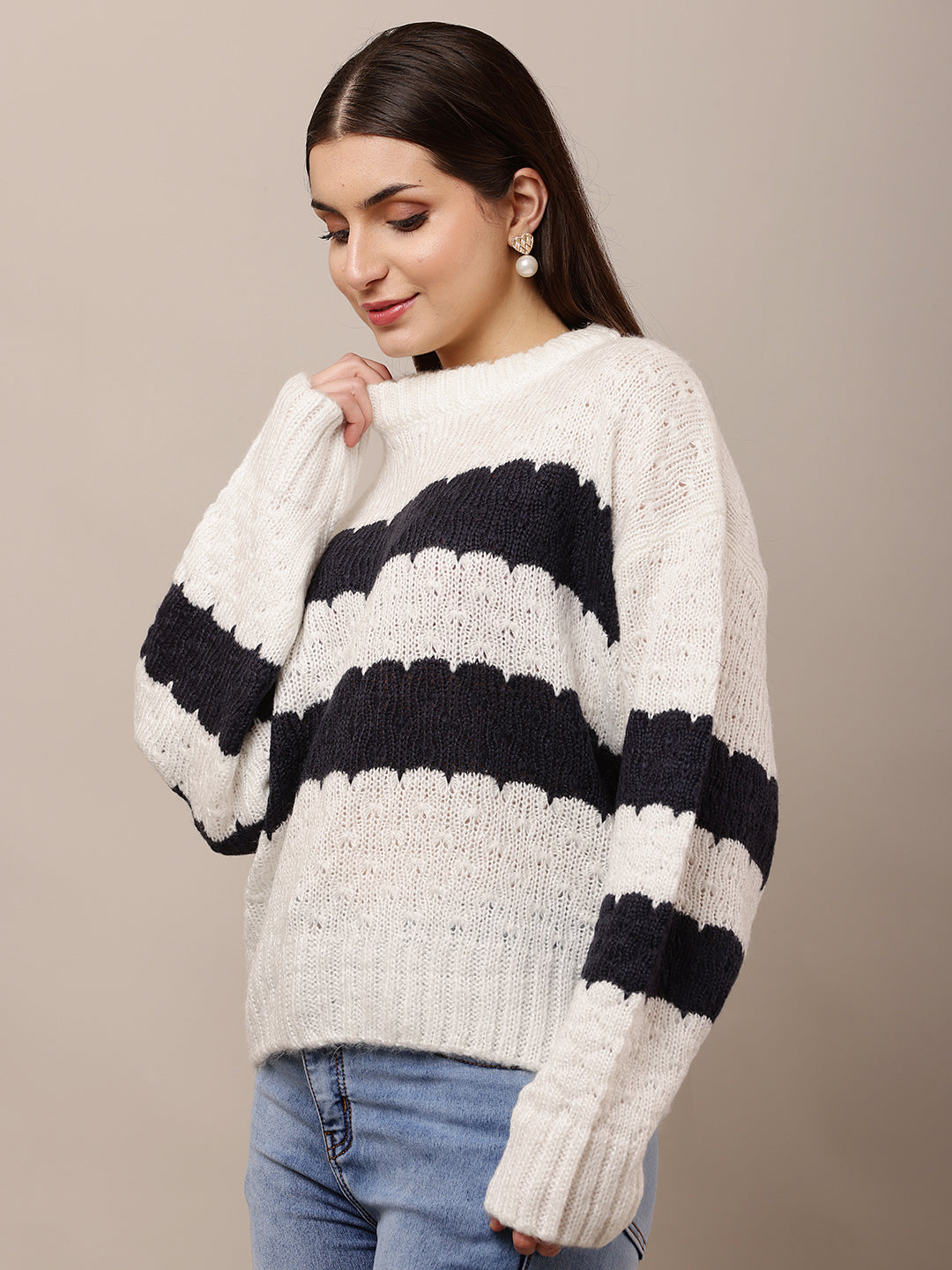 Acrylic Full Sleeve with Round Neck White and Black Striped Sweater