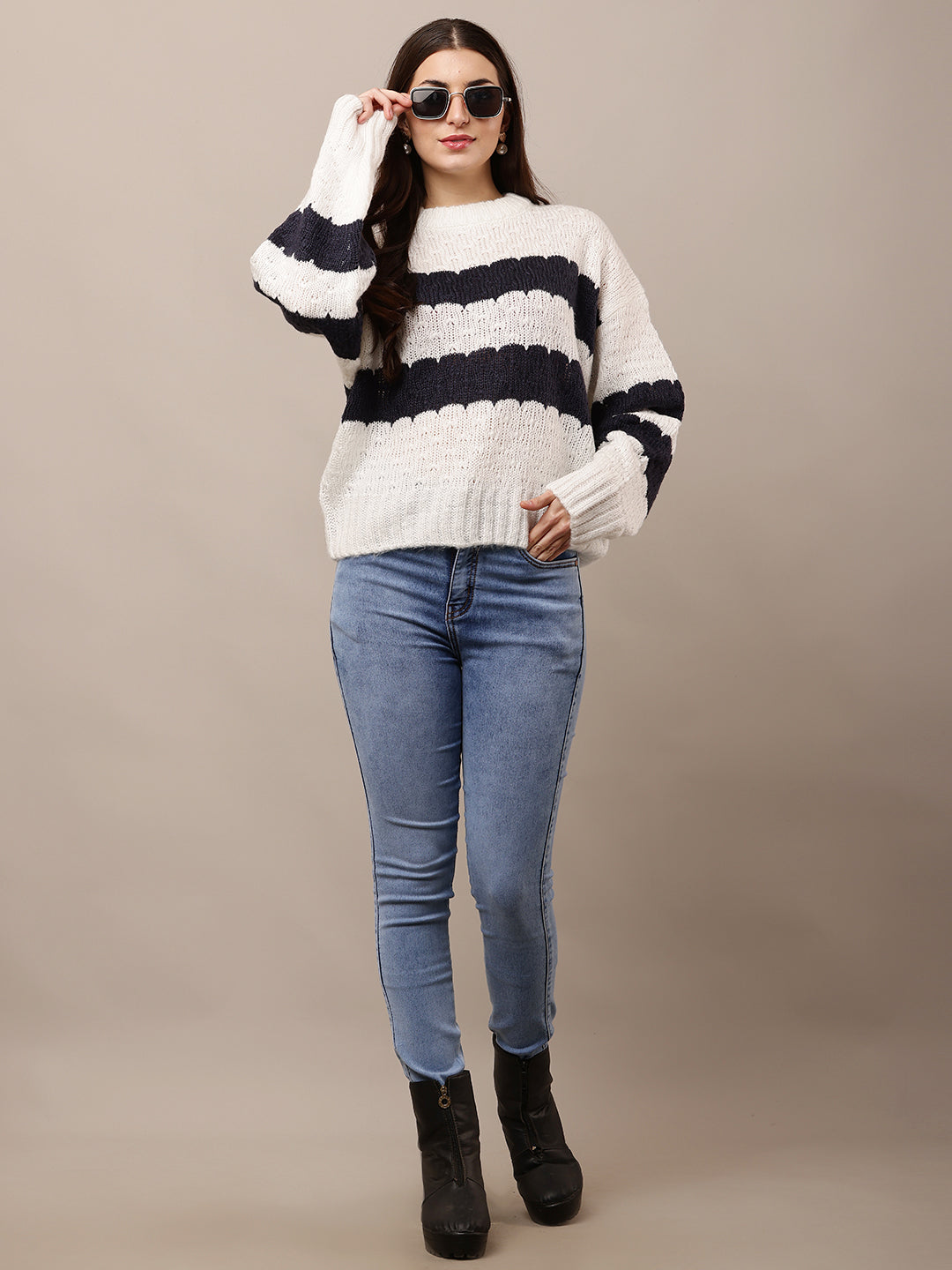 Acrylic Full Sleeve with Round Neck White and Black Striped Sweater