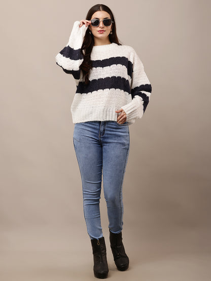 Acrylic Full Sleeve with Round Neck White and Black Striped Sweater