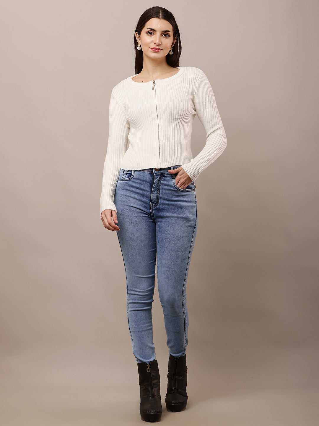 Acrylic Full Sleeve with Round Neck Ribbed White sweater