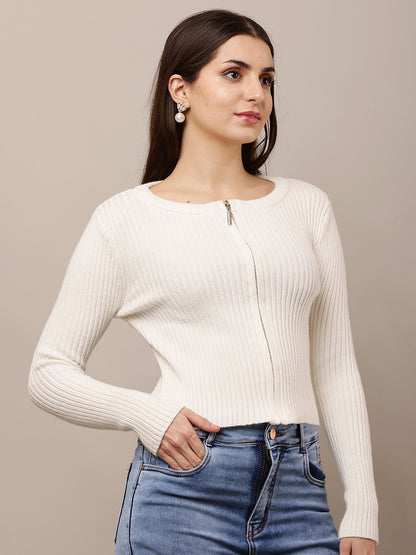 Acrylic Full Sleeve with Round Neck Ribbed White sweater