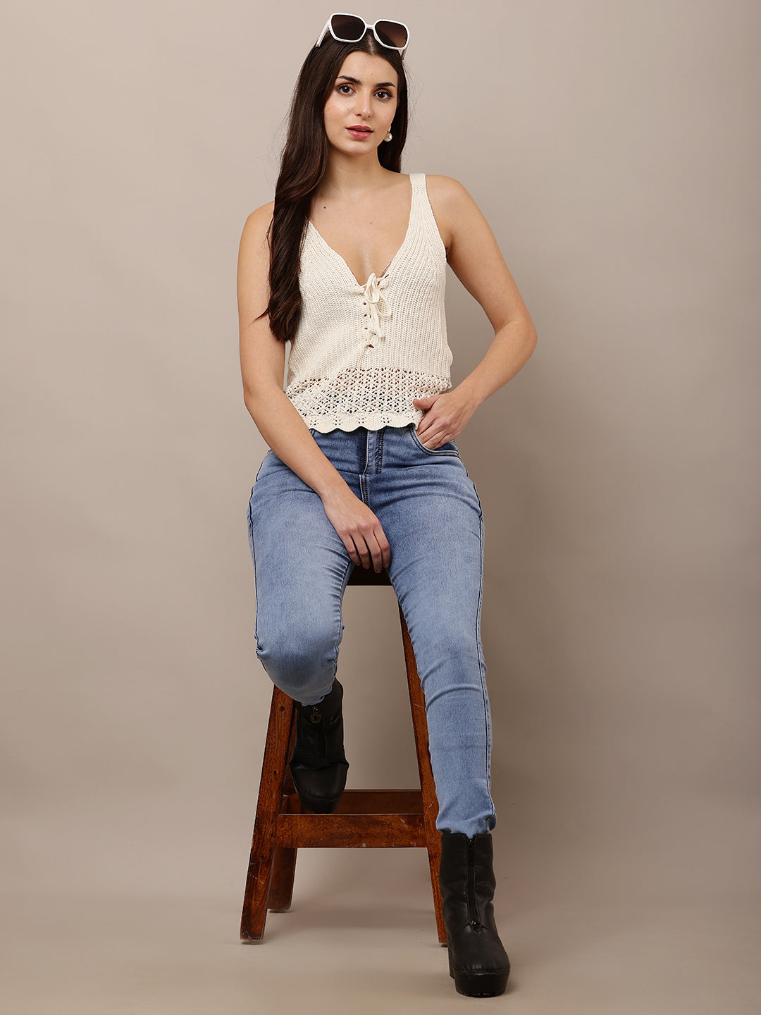 Acrylic Sleeveless V-neck Crop Crochet Off- White Top