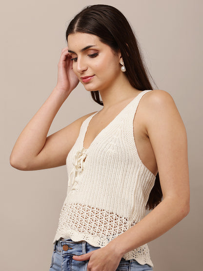 Acrylic Sleeveless V-neck Crop Crochet Off- White Top