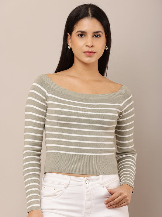 Viscose Full Sleeve with Boat Neck Light Sea Green Striped Sweater