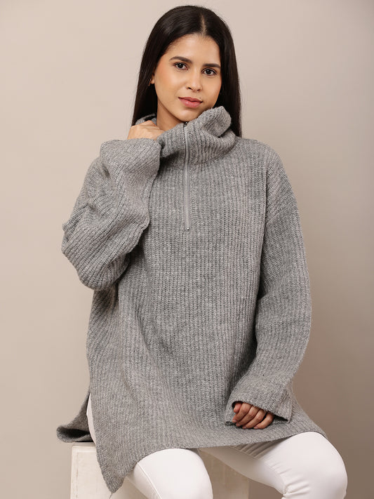 Acrylic Full Sleeve with High-Neck Loose Style Grey Sweater