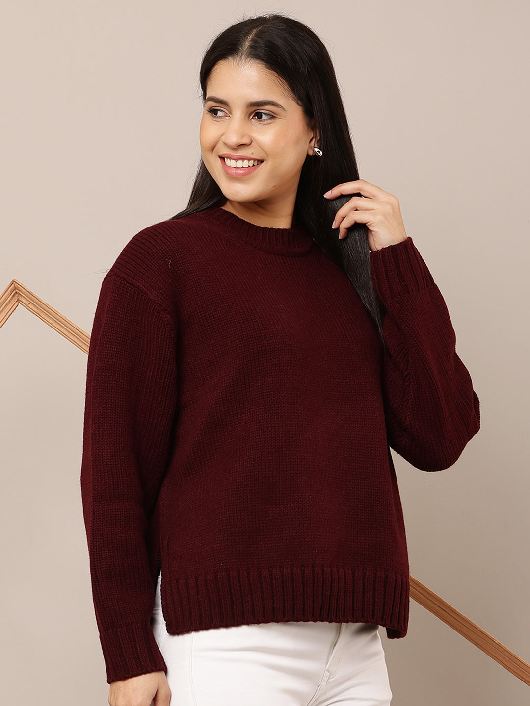Acrylic Full Sleeve with Round Neck Maroon loose style sweater