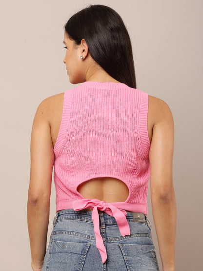 Acrylic Sleeveless with Round Neck Pink Crop Vest Sweater