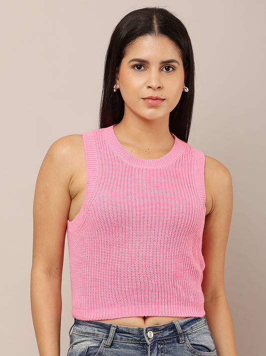 Acrylic Sleeveless with Round Neck Pink Crop Vest Sweater