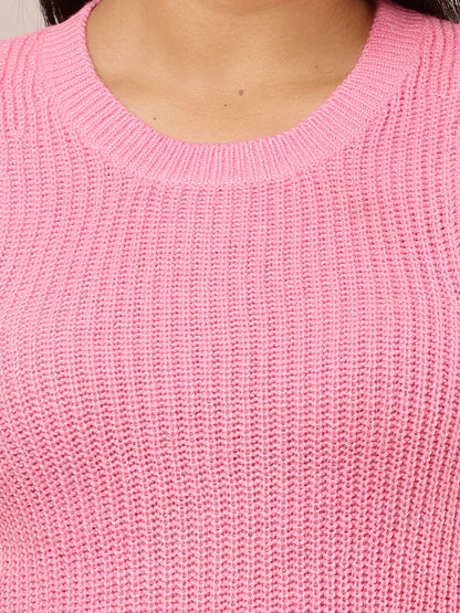 Acrylic Sleeveless with Round Neck Pink Crop Vest Sweater