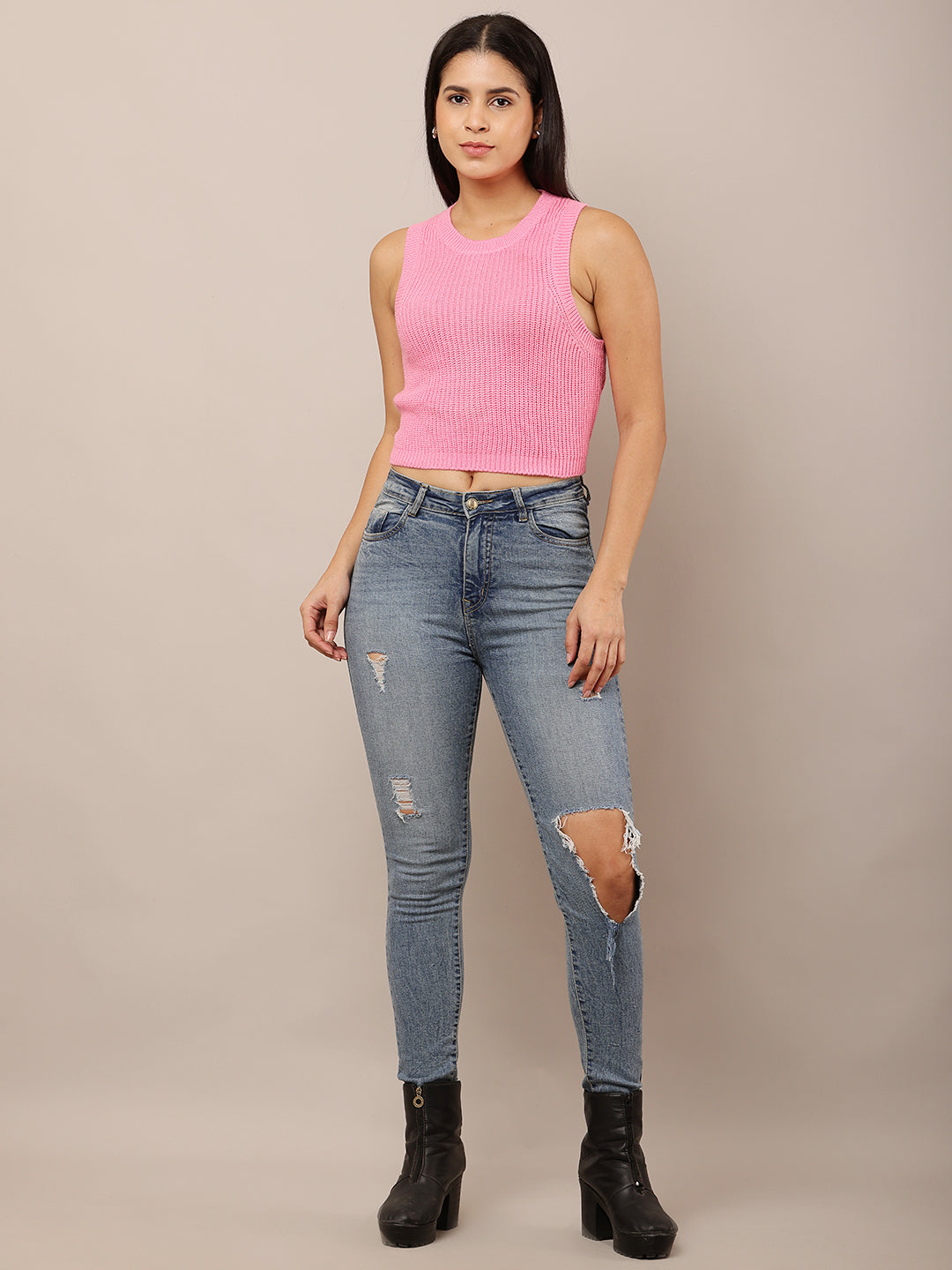 Acrylic Sleeveless with Round Neck Pink Crop Vest Sweater