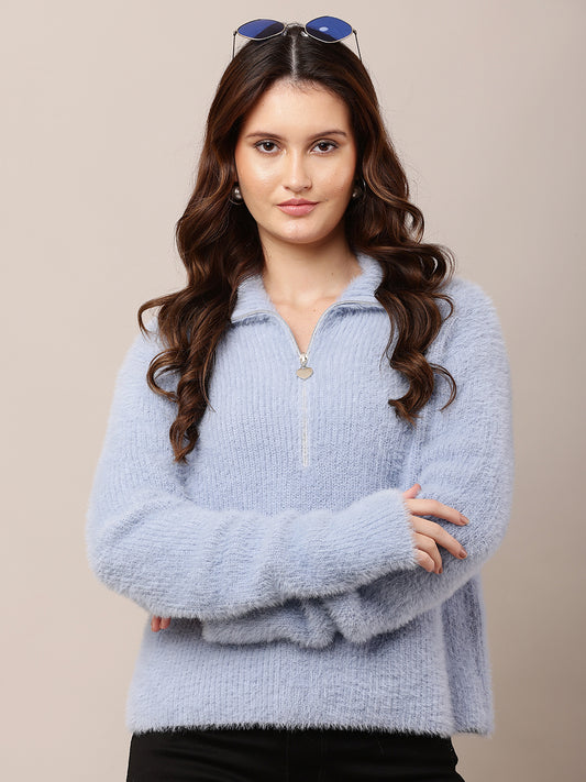 Nylon Full Sleeve with Shirt Collar Blue Sweater
