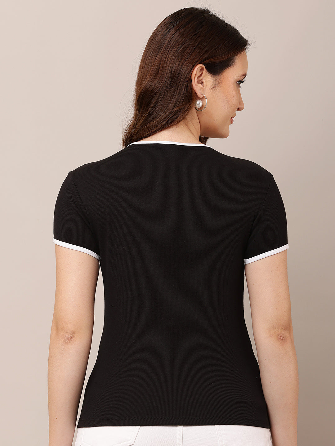 Cotton Short Sleeve with Round Neck Slim fit Black Top