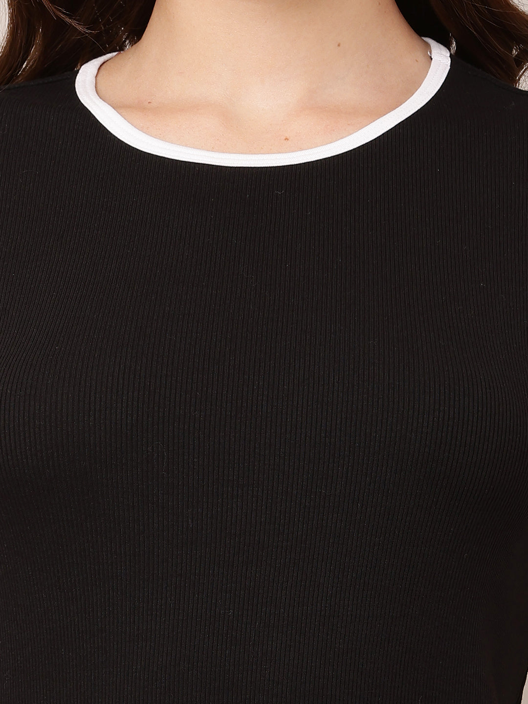 Cotton Short Sleeve with Round Neck Slim fit Black Top