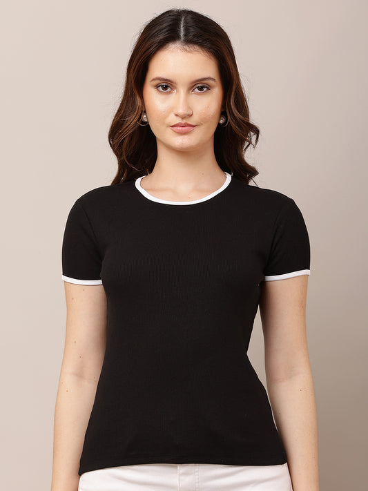 Cotton Short Sleeve with Round Neck Slim fit Black Top