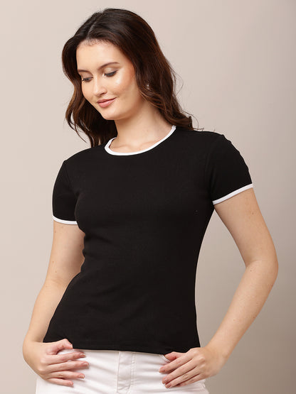 Cotton Short Sleeve with Round Neck Slim fit Black Top