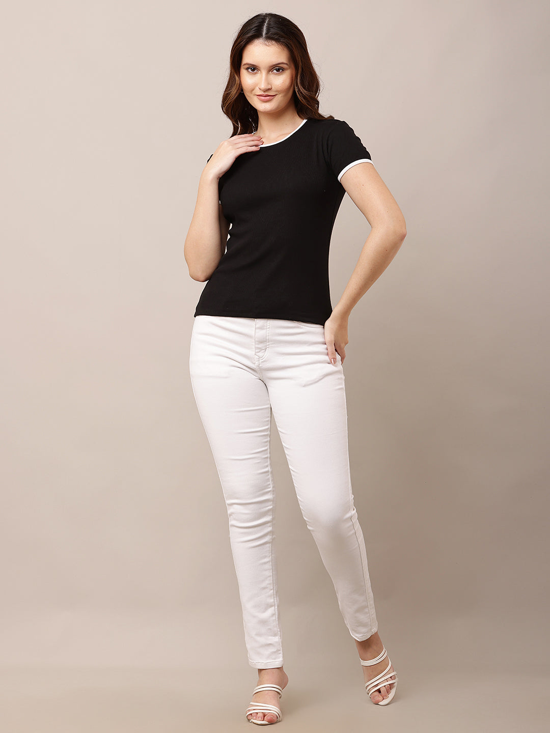 Cotton Short Sleeve with Round Neck Slim fit Black Top