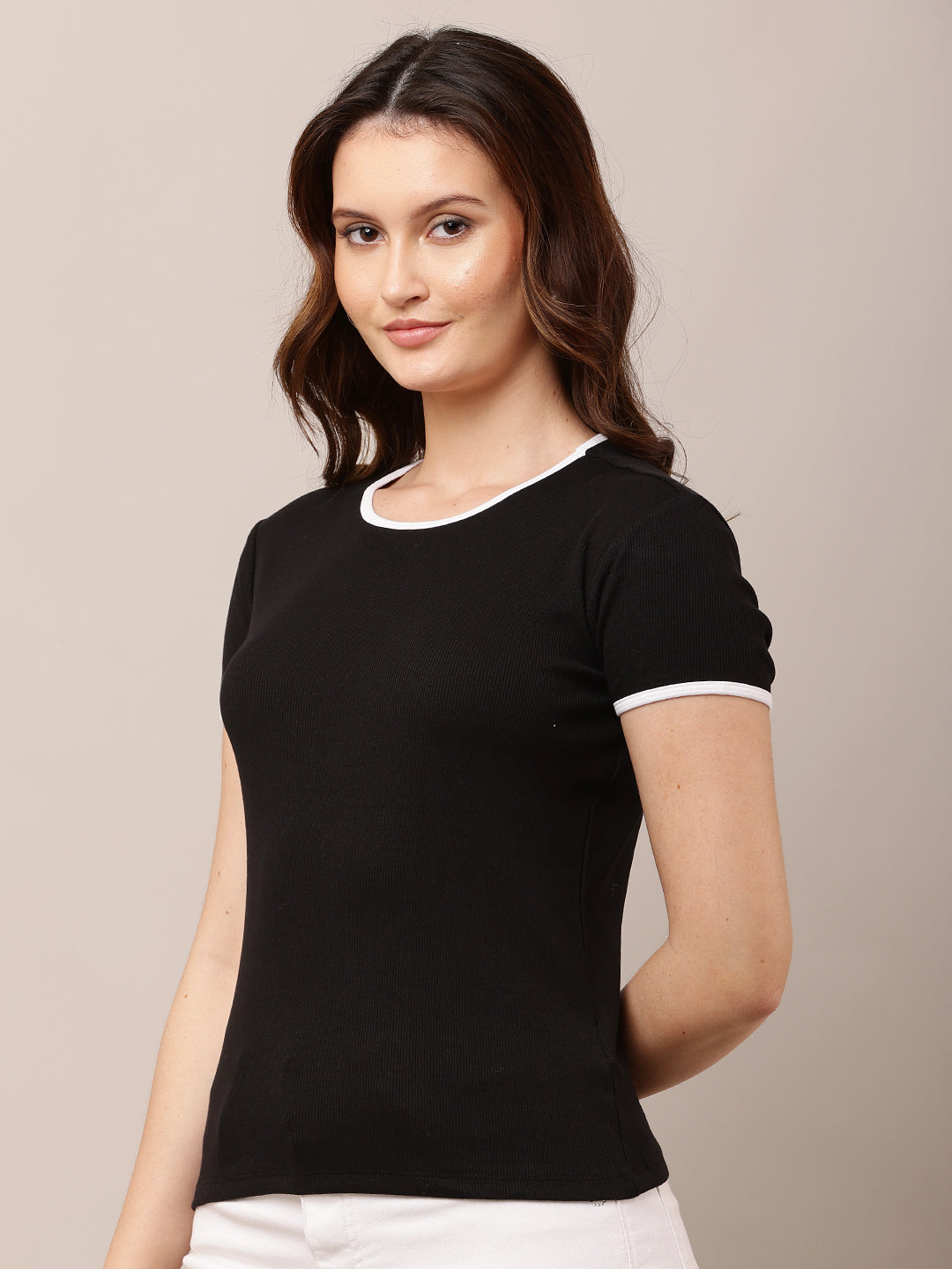 Cotton Short Sleeve with Round Neck Slim fit Black Top