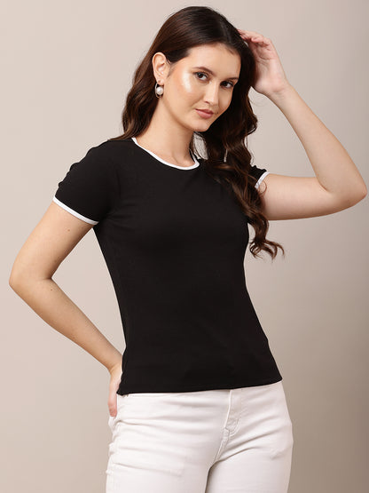 Cotton Short Sleeve with Round Neck Slim fit Black Top