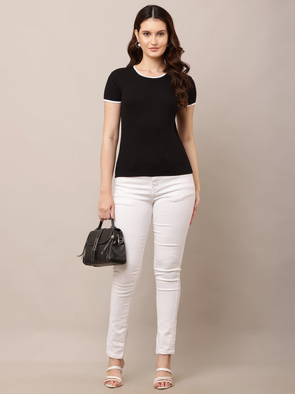 Cotton Short Sleeve with Round Neck Slim fit Black Top