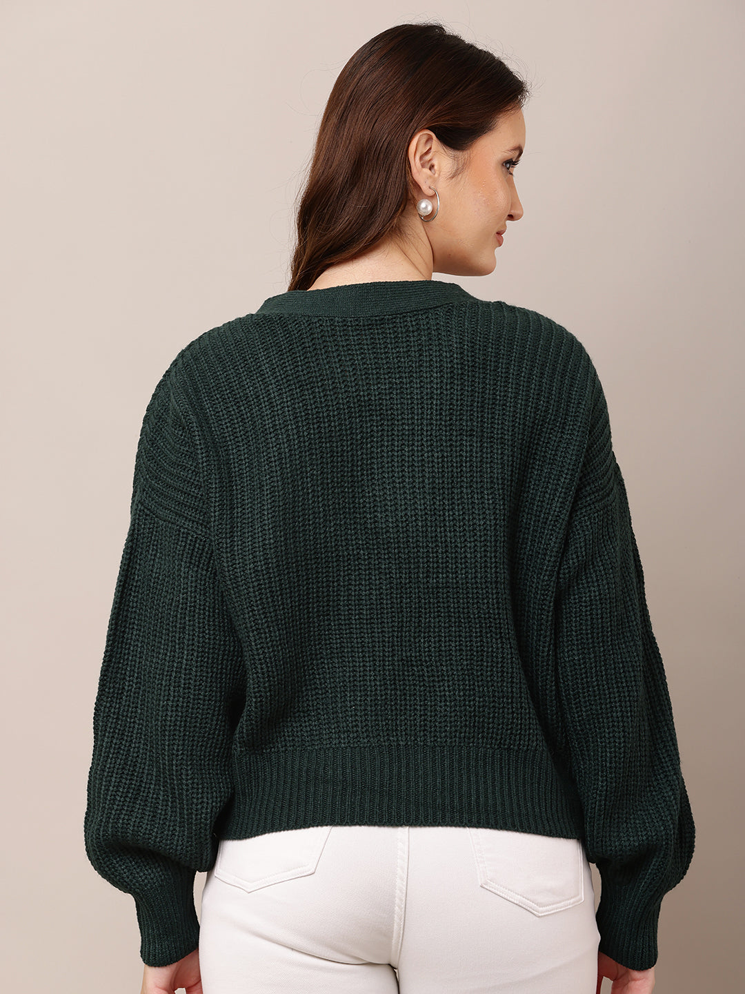 Acrylic Full Sleeve with V-Neck Dark Green Cardigan