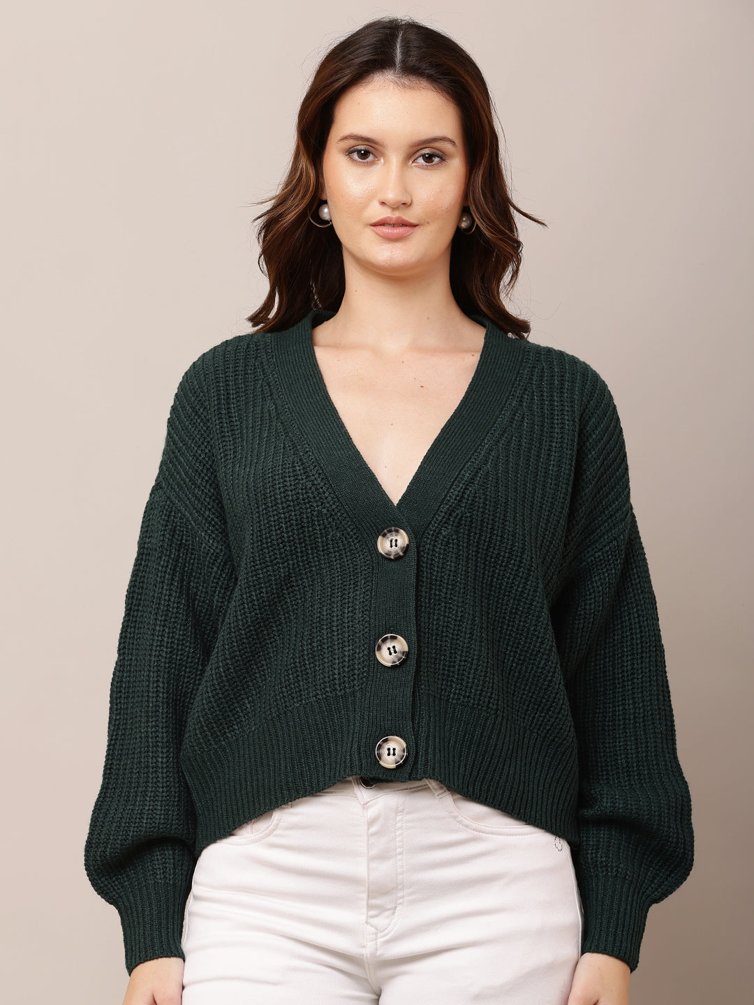 Acrylic Full Sleeve with V-Neck Dark Green Cardigan