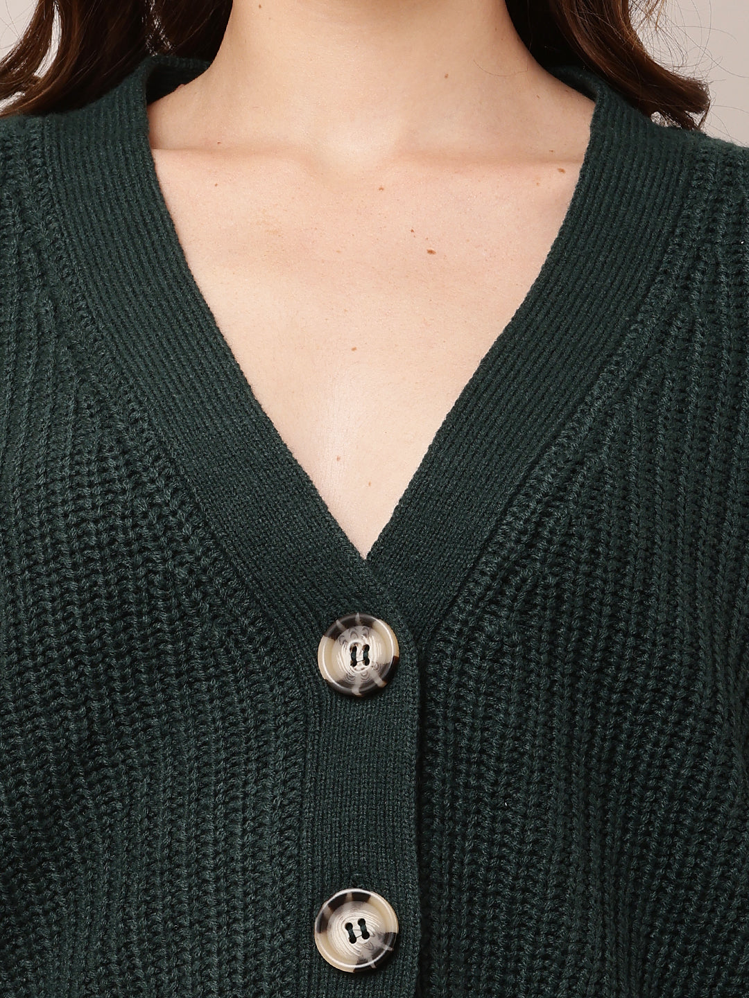 Acrylic Full Sleeve with V-Neck Dark Green Cardigan