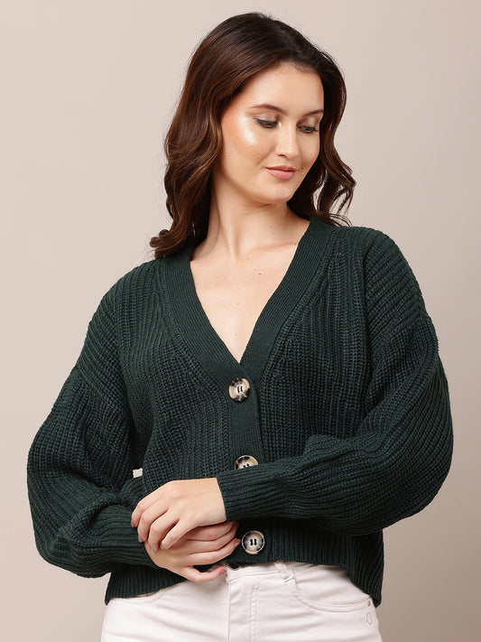 Acrylic Full Sleeve with V-Neck Dark Green Cardigan