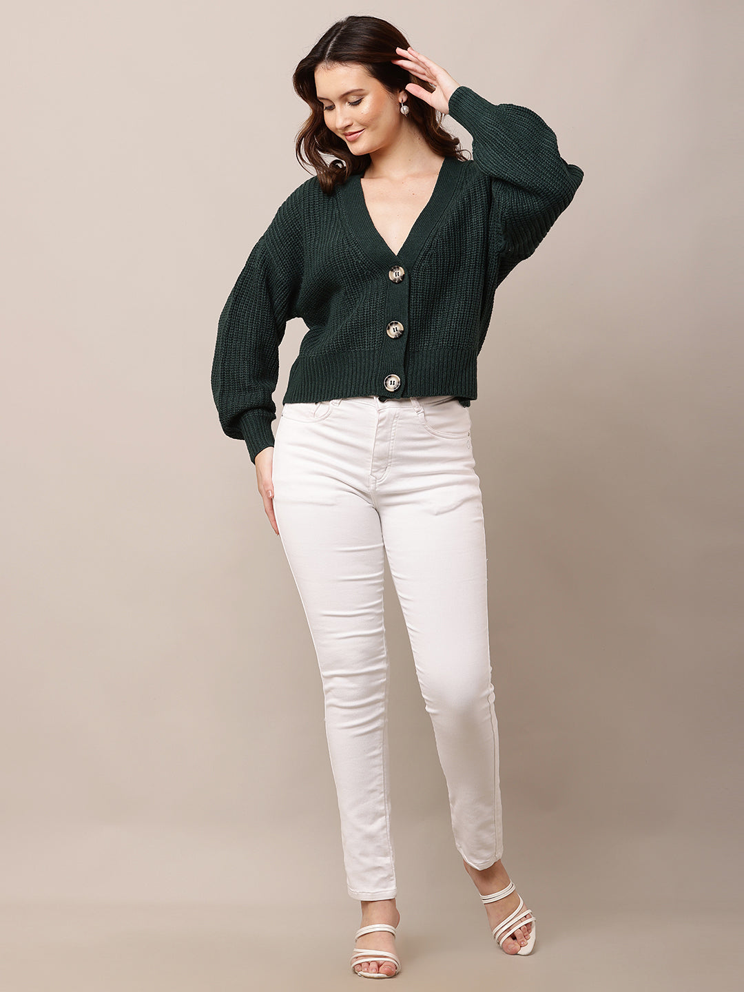 Acrylic Full Sleeve with V-Neck Dark Green Cardigan