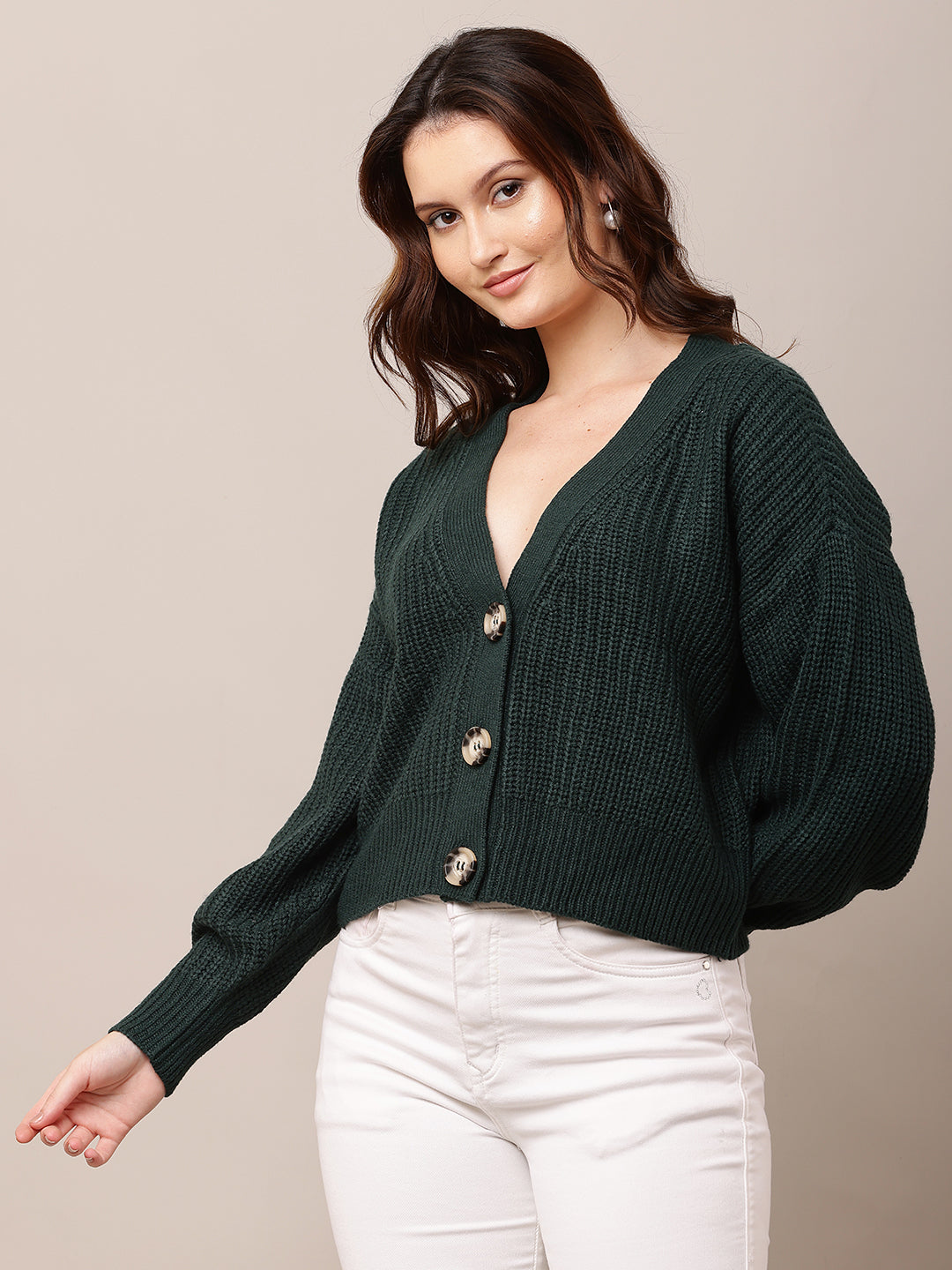 Acrylic Full Sleeve with V-Neck Dark Green Cardigan