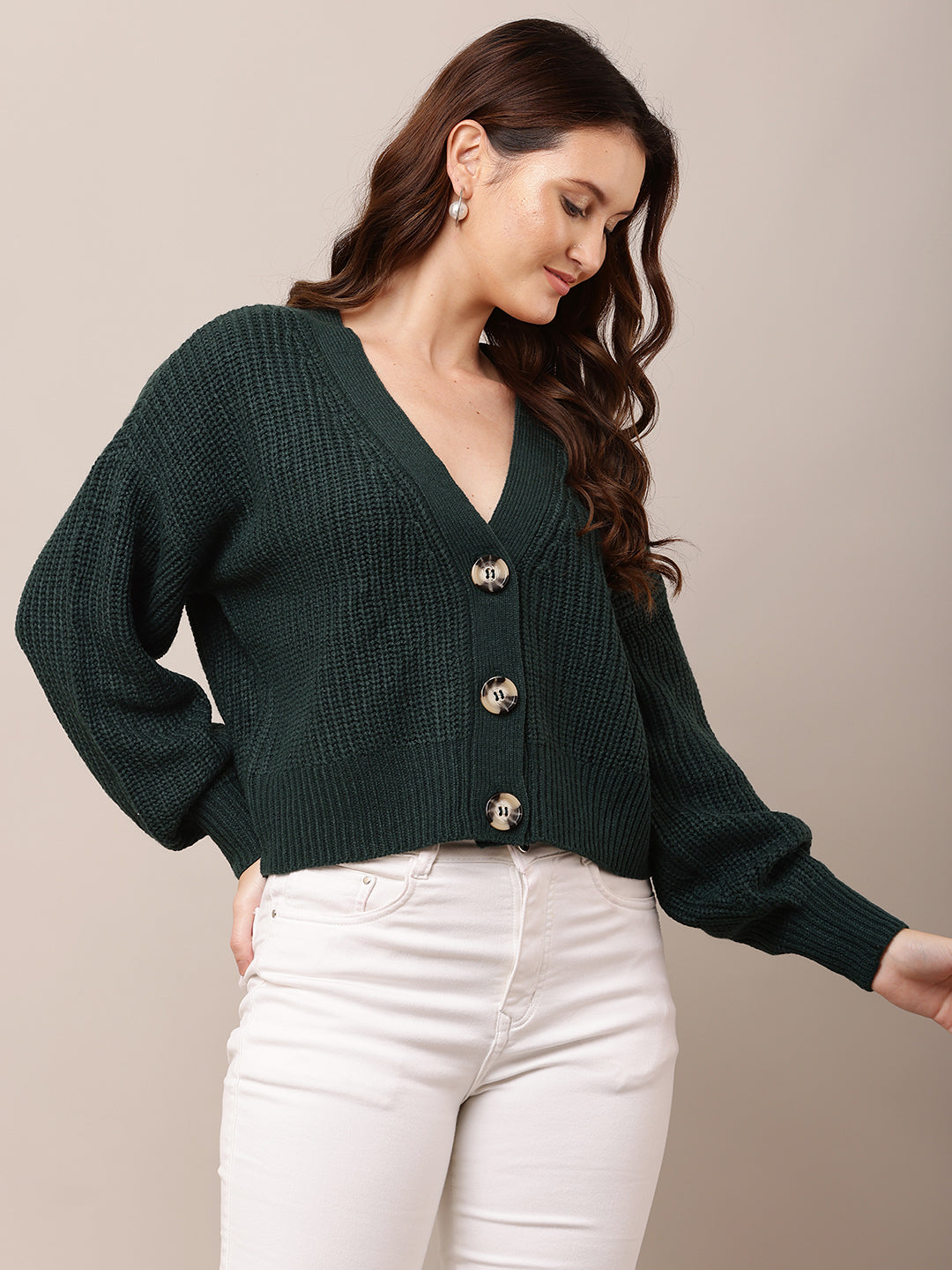Acrylic Full Sleeve with V-Neck Dark Green Cardigan