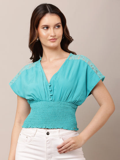 Viscose Short Sleeve with V-Neck Sky Blue Top